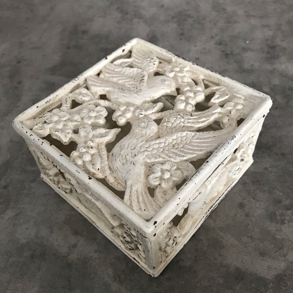 Vintage White Cast Iron Trinket Box Lid Birds Floral Cottage Distressed Decor